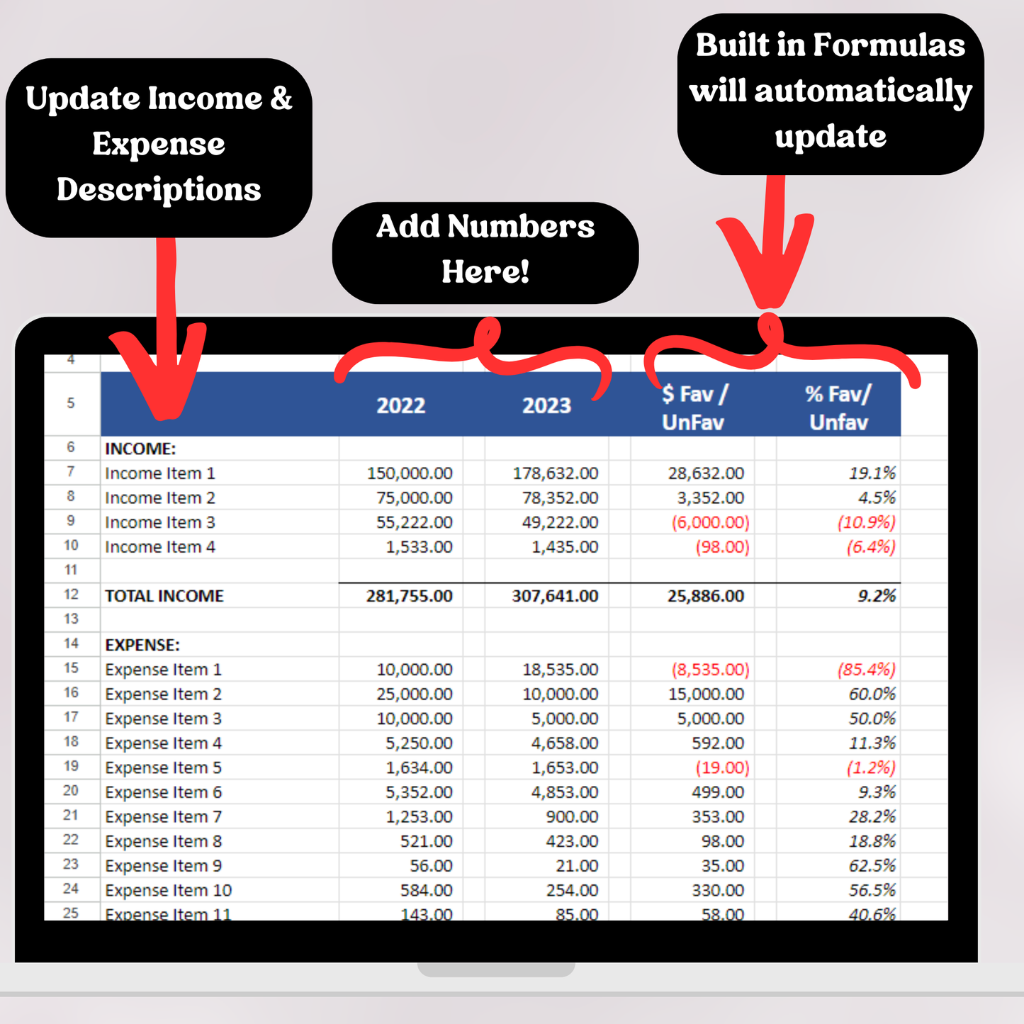 Profit & Loss Statement with Prior Year without Cost of Goods Sold (Excel)