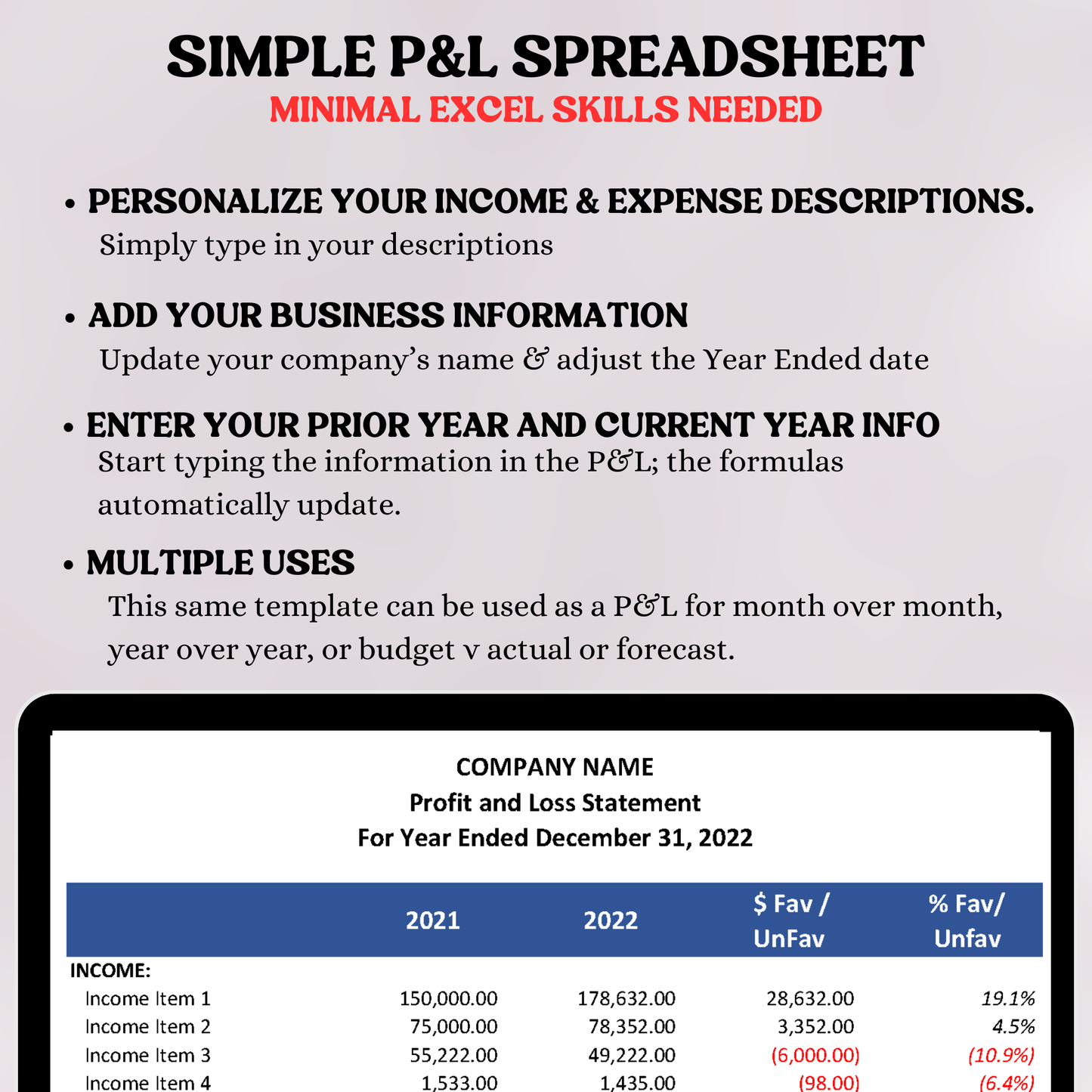 Profit & Loss Statement with Prior Year without Cost of Goods Sold (Excel)