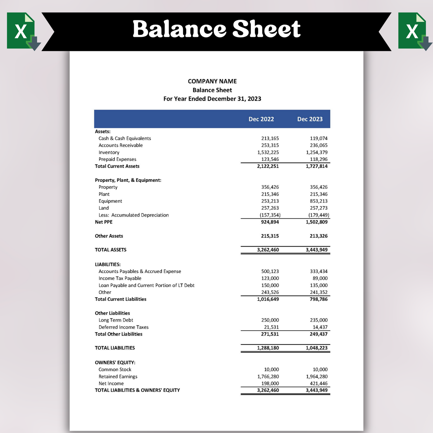 Balance Sheet with Prior Year (Excel)