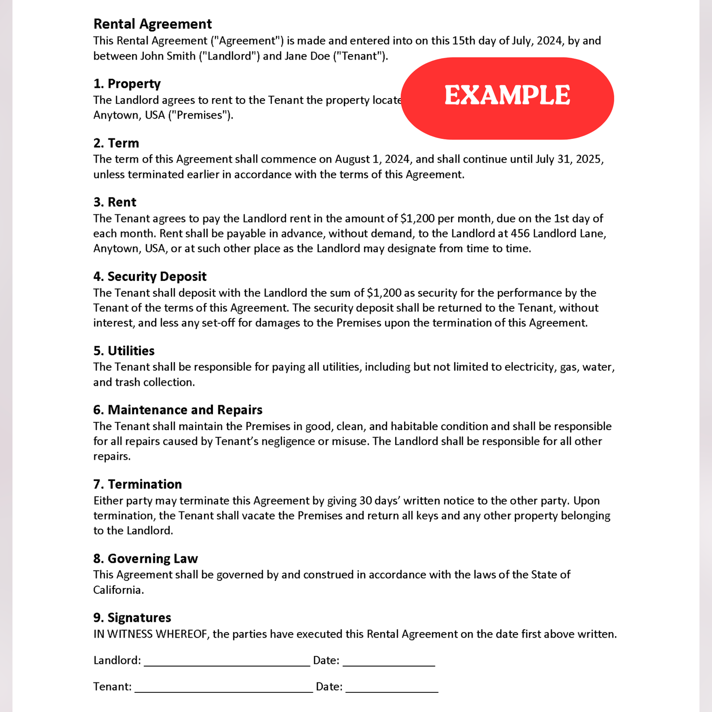 Rental Agreement (Word and Google Docs)
