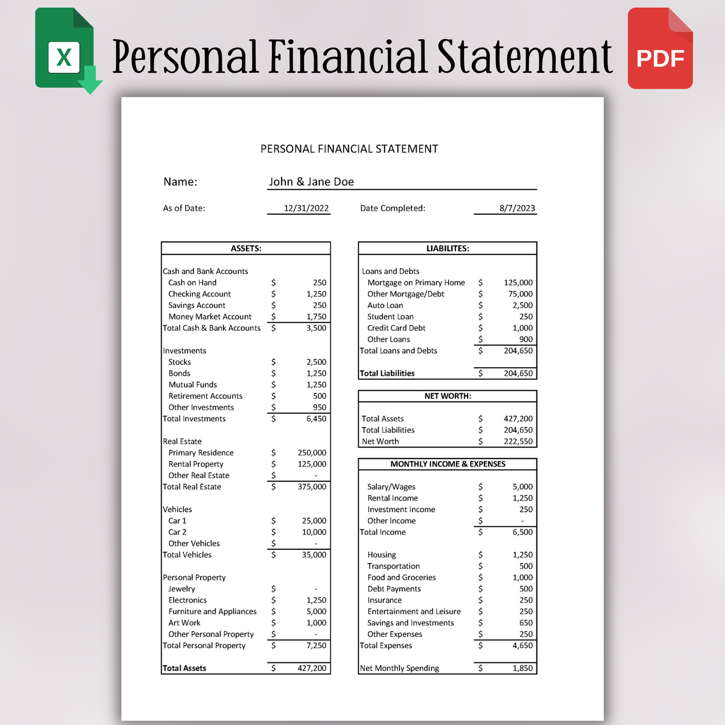 Personal Financial Statement Template | Net Worth & Budget Tracker (Google Sheets)