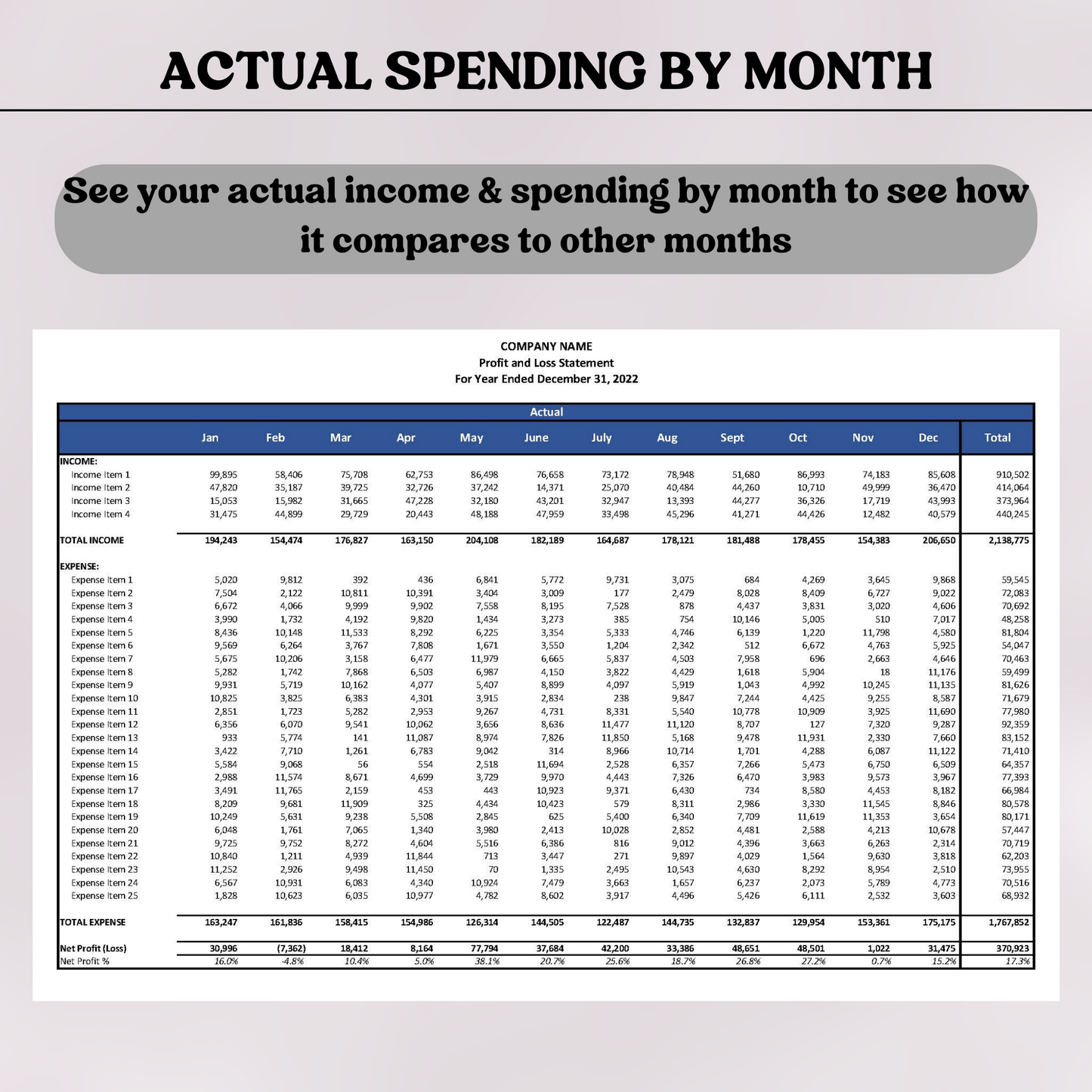 Monthly Profit & Loss with Actual, Budget & Variance (Google Sheets)