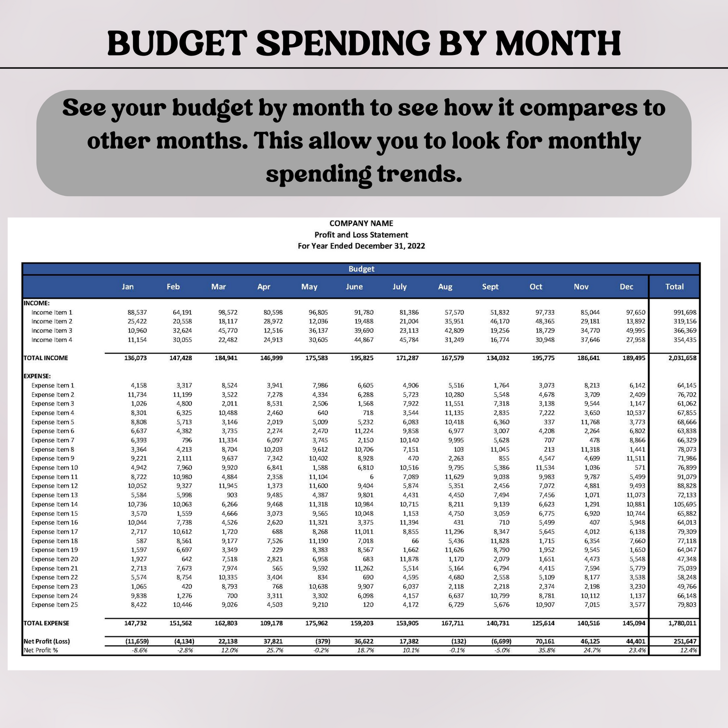 Monthly Profit & Loss with Actual, Budget & Variance (Google Sheets)