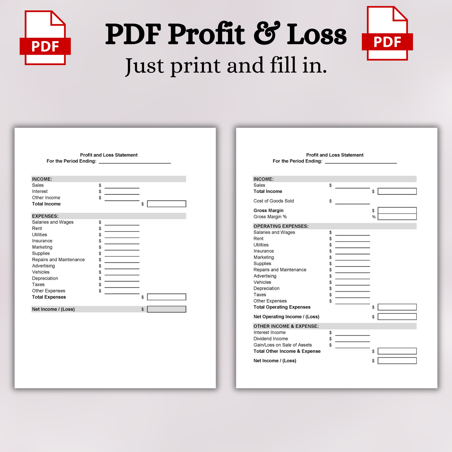 Printable Profit and Loss Form (Excel)