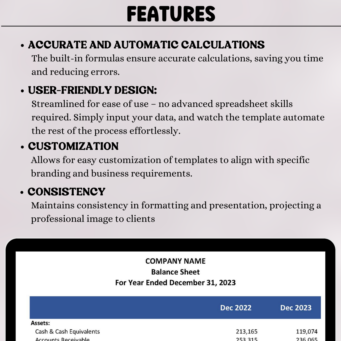 Balance Sheet with Prior Year (Excel)