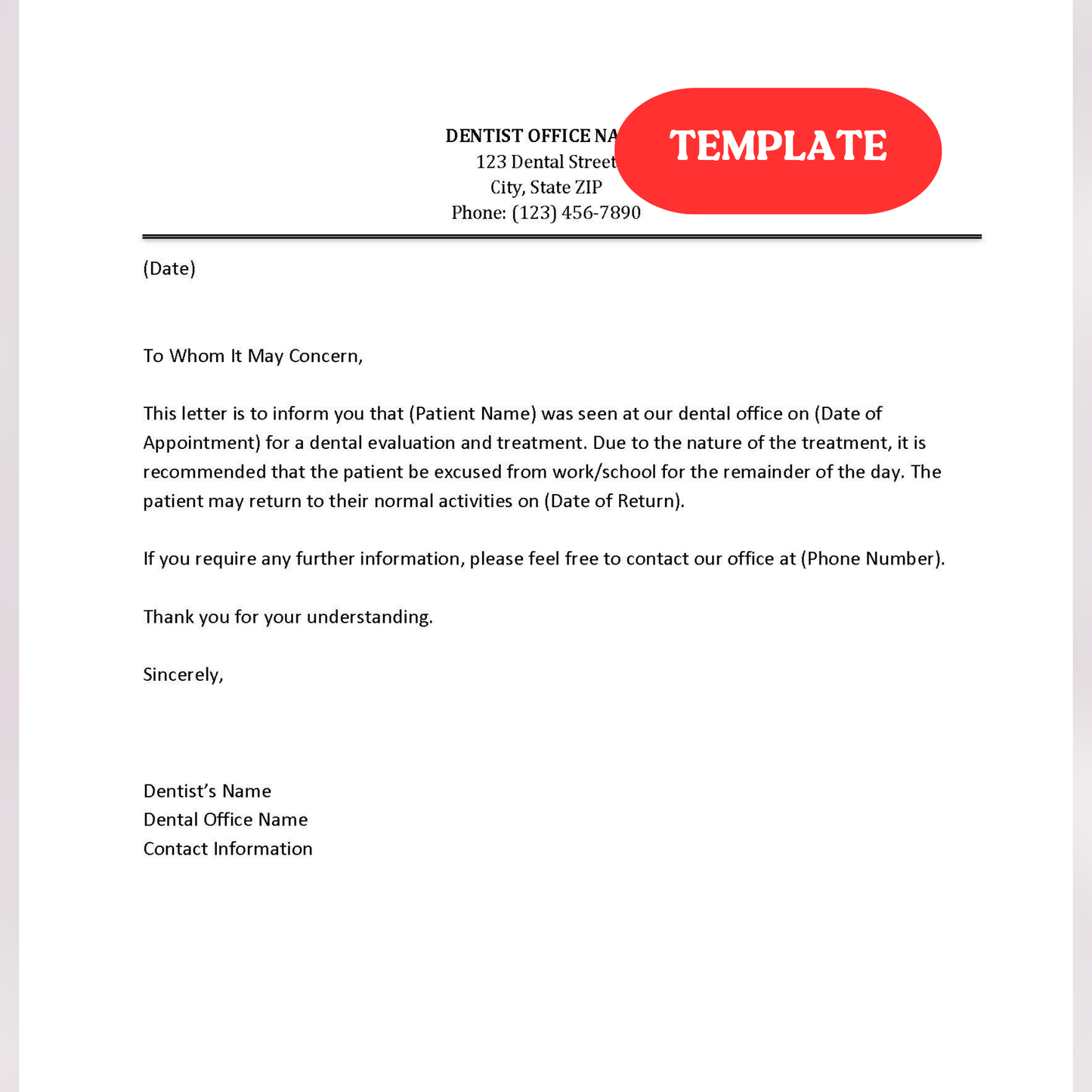 Editable Dentist Excuse Note for School | Orthodontic Medical Excuse Note Template