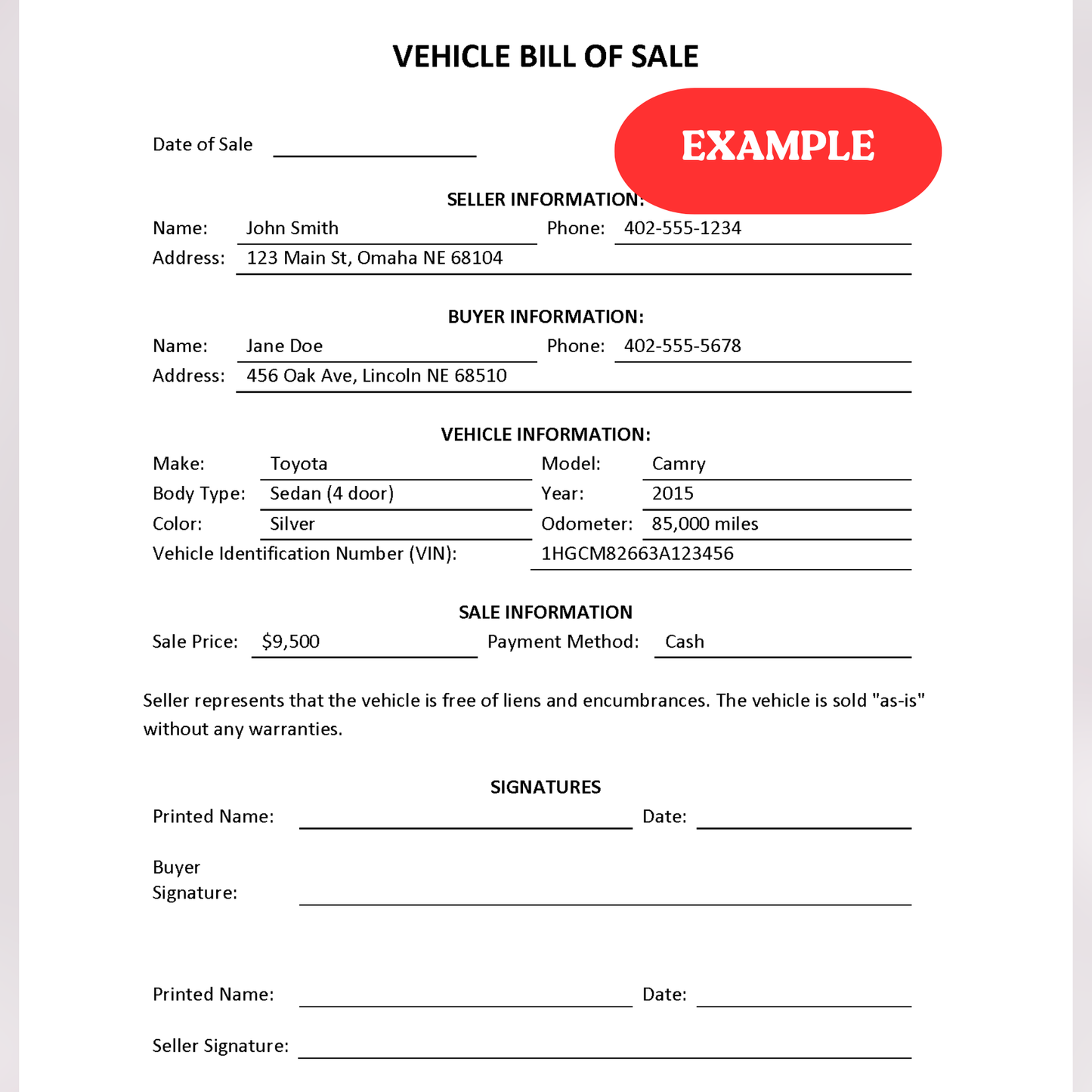 Motor Vehicle Bill of Sale