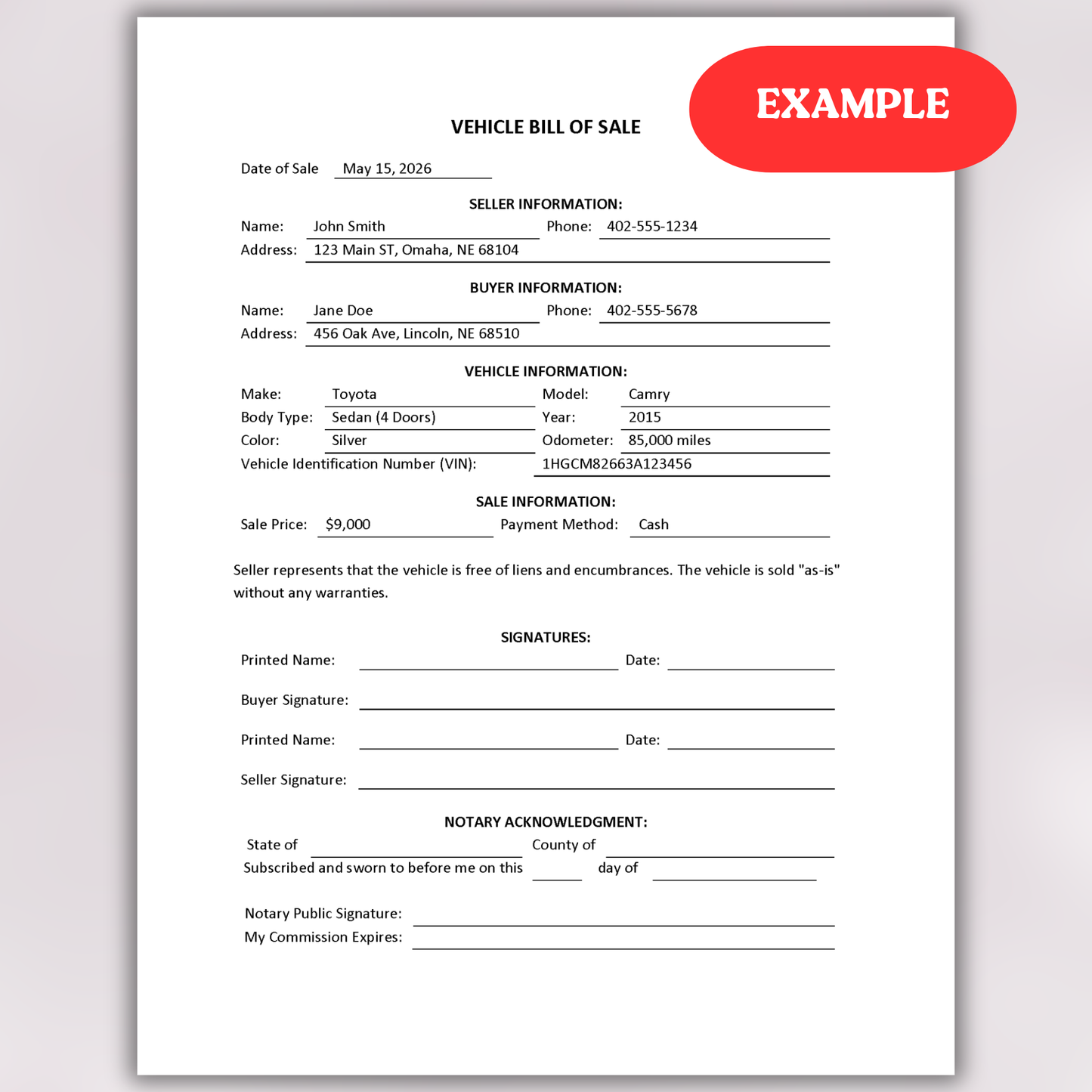 Motor Vehicle Bill of Sale with Notary