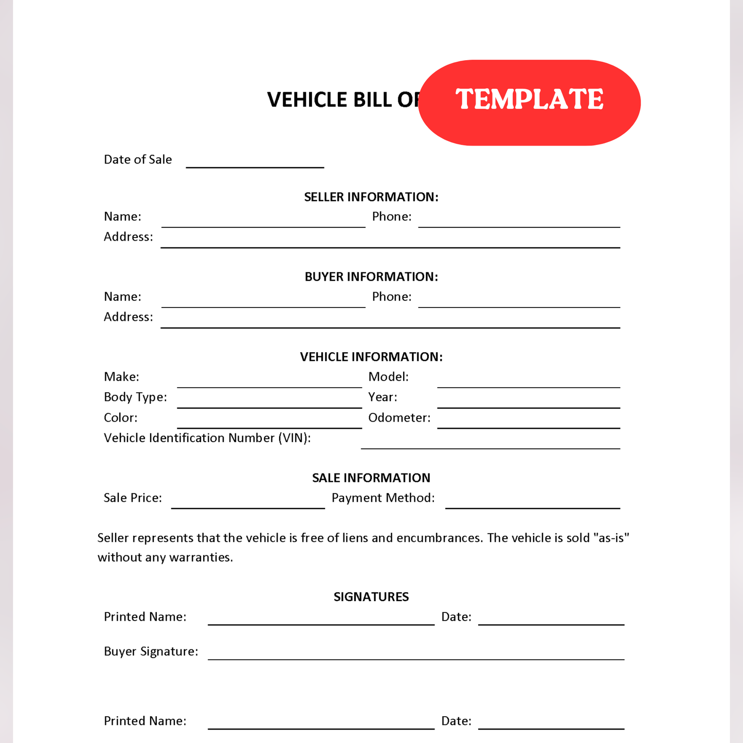 Motor Vehicle Bill of Sale
