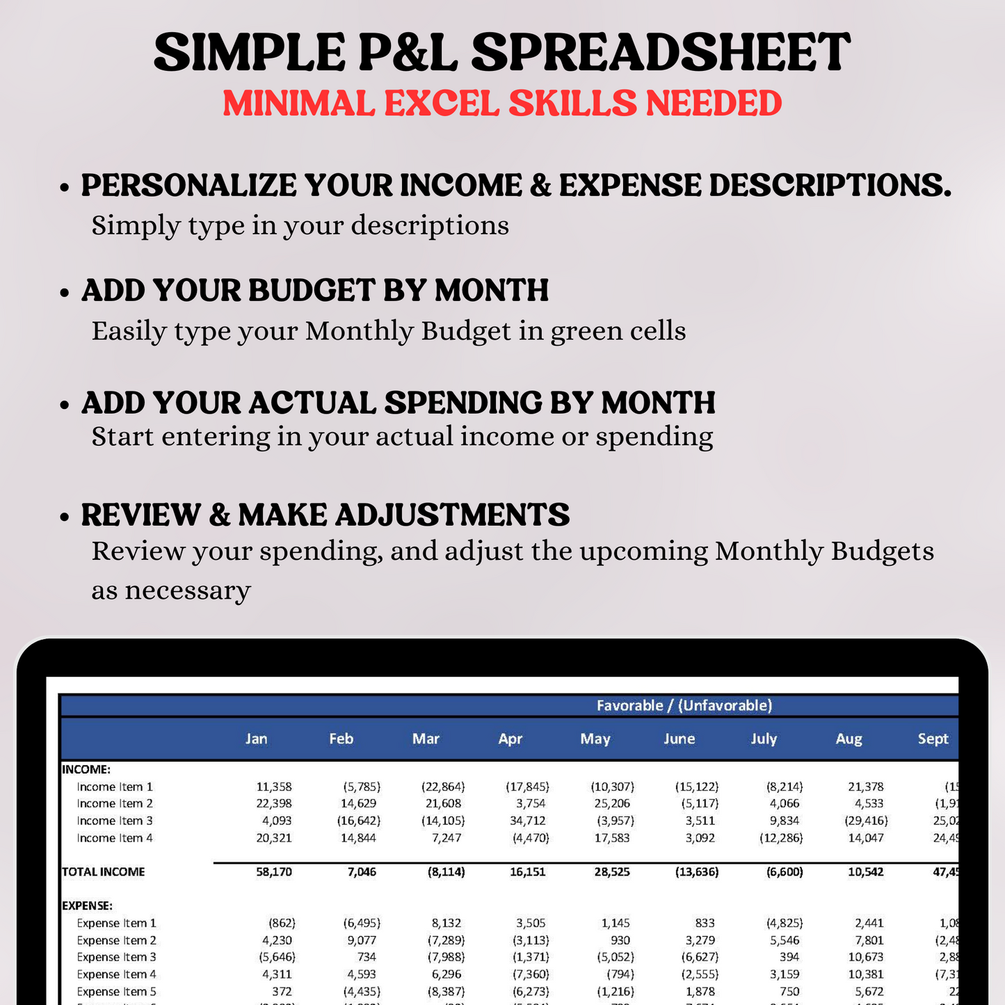 Monthly Profit & Loss with Actual, Budget & Variance (Excel)