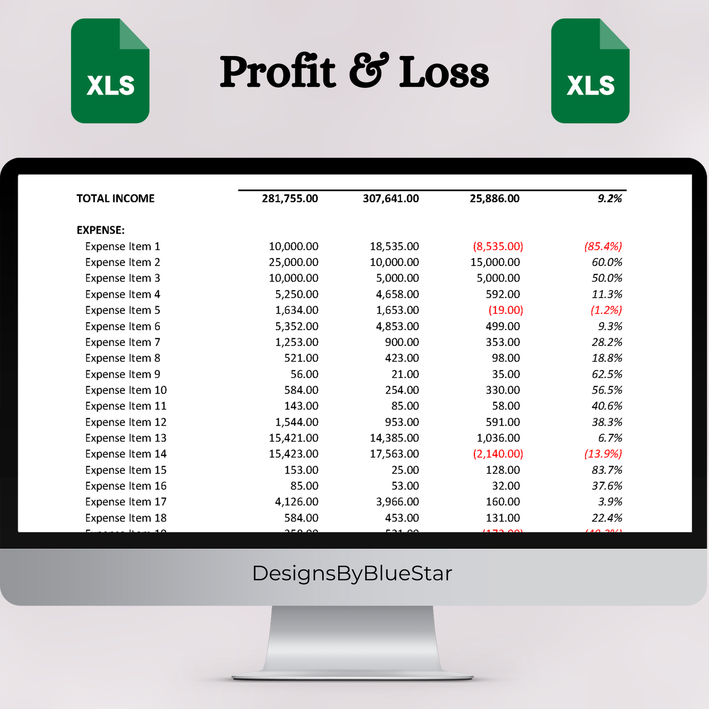Profit & Loss Statement with Prior Year without Cost of Goods Sold (Excel)
