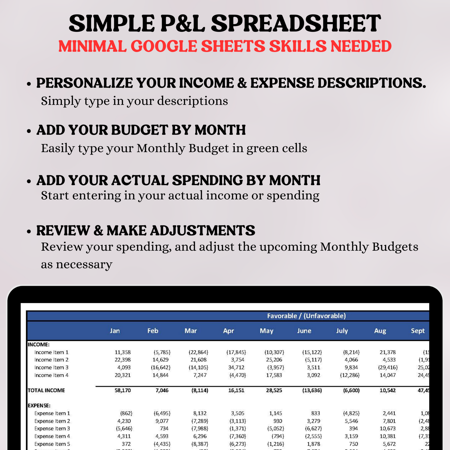 Monthly Profit & Loss with Actual, Budget & Variance (Google Sheets)
