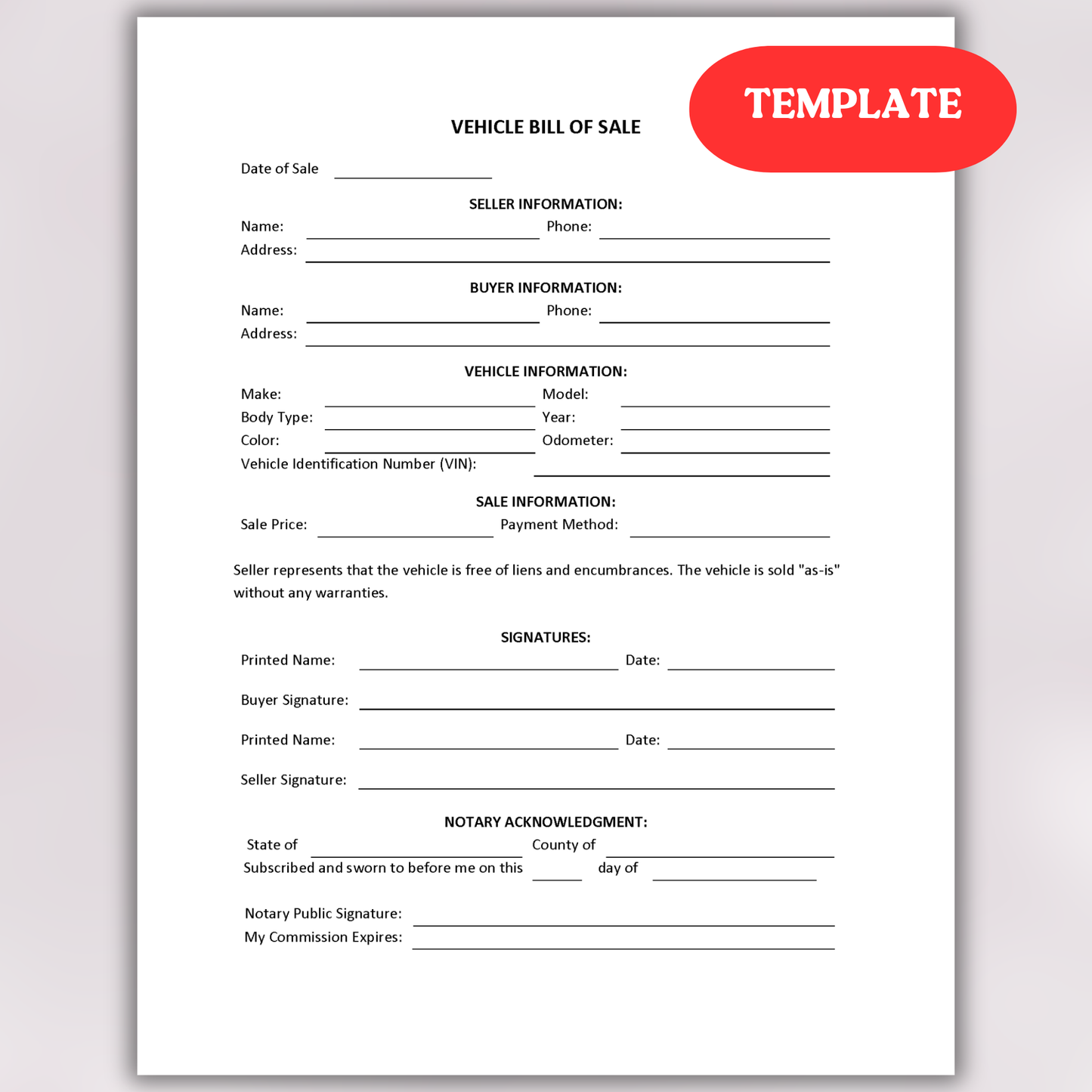 Motor Vehicle Bill of Sale with Notary