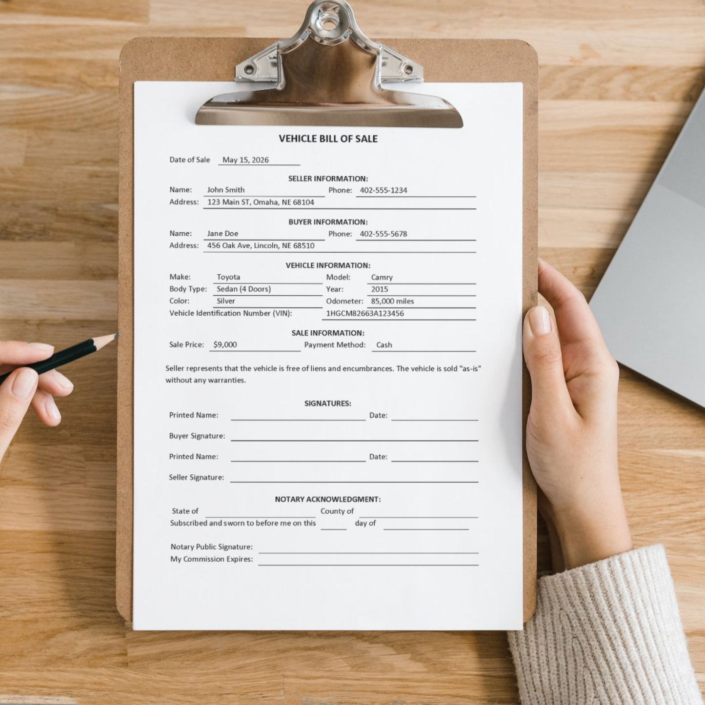 Motor Vehicle Bill of Sale with Notary
