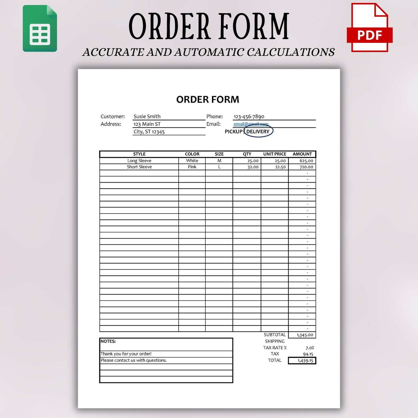 Order Form Template Version 1 (Google Sheets)