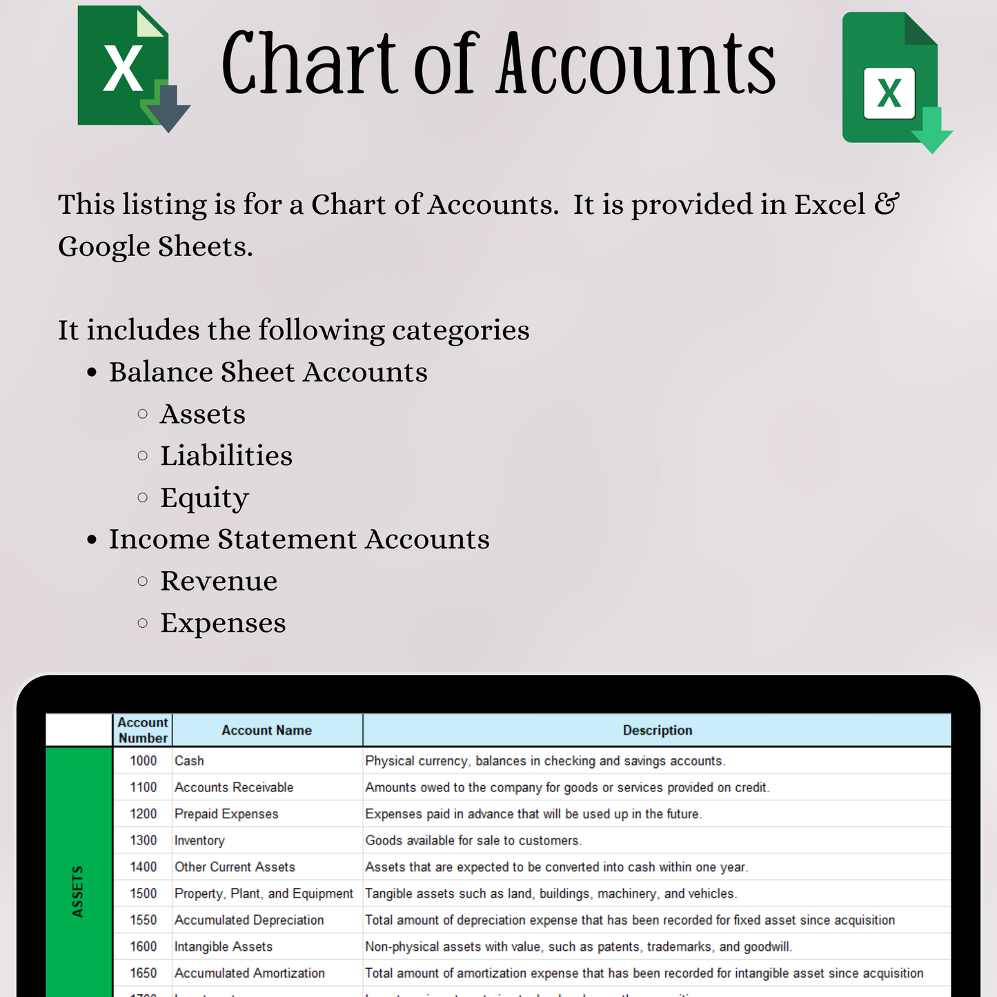 Chart of Accounts (Excel & Google Sheets)