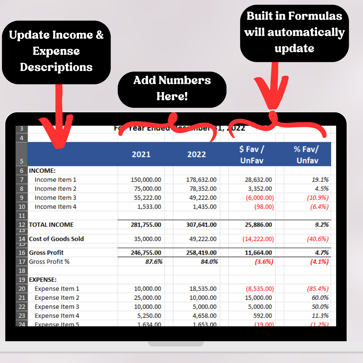 Profit & Loss Statement with Prior Year (Excel)