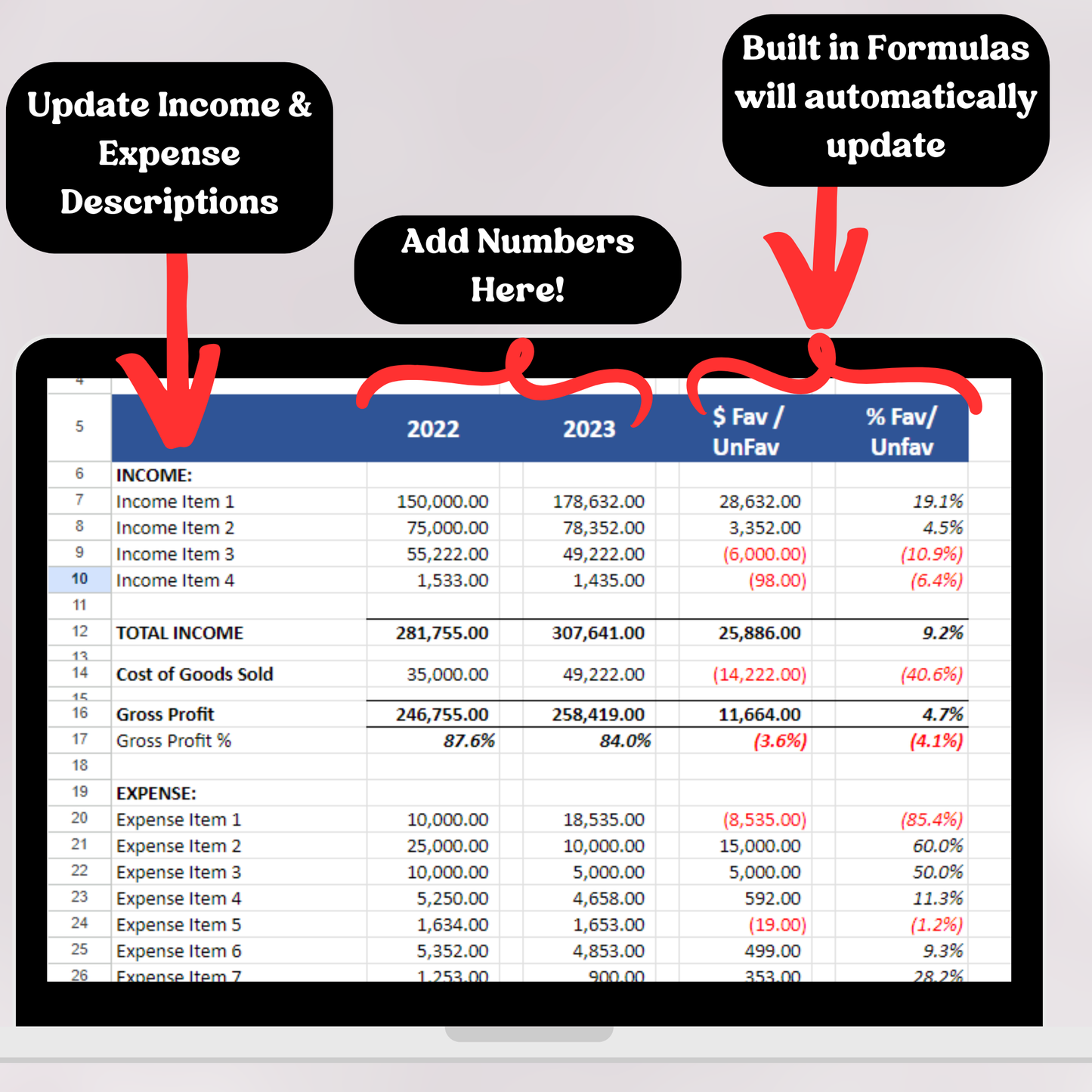 Profit & Loss Statement with Prior Year (Google Sheets)