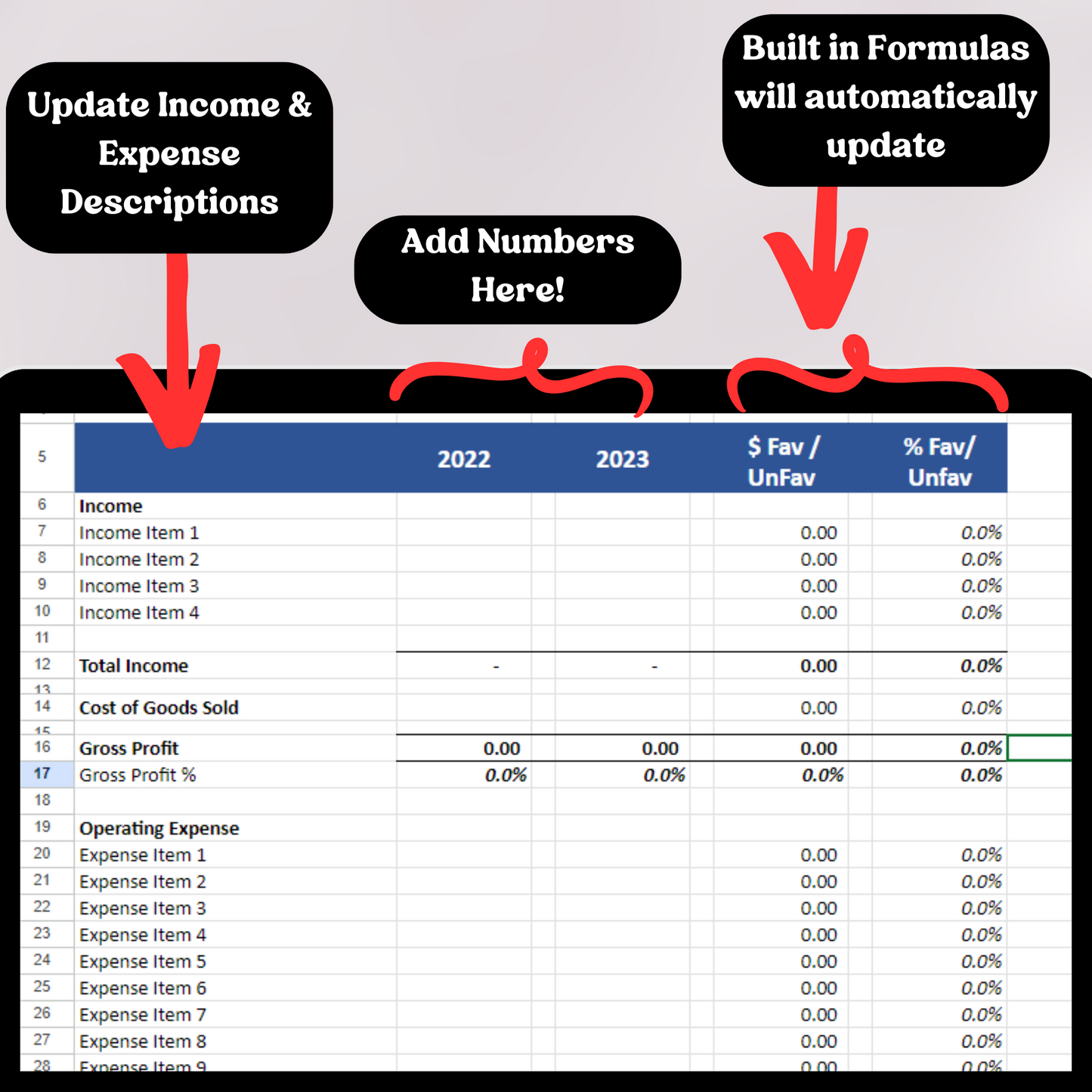 Profit & Loss Statement with Prior Year with Cost of Goods Sold (Google Sheets)