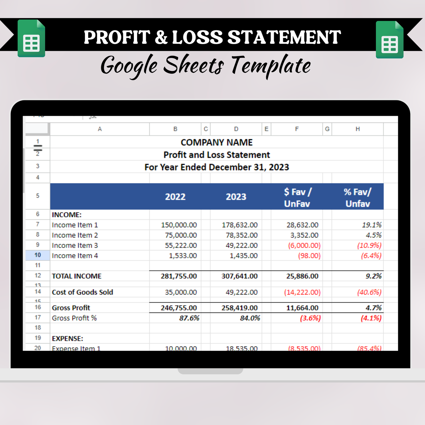 Profit & Loss Statement with Prior Year (Google Sheets)