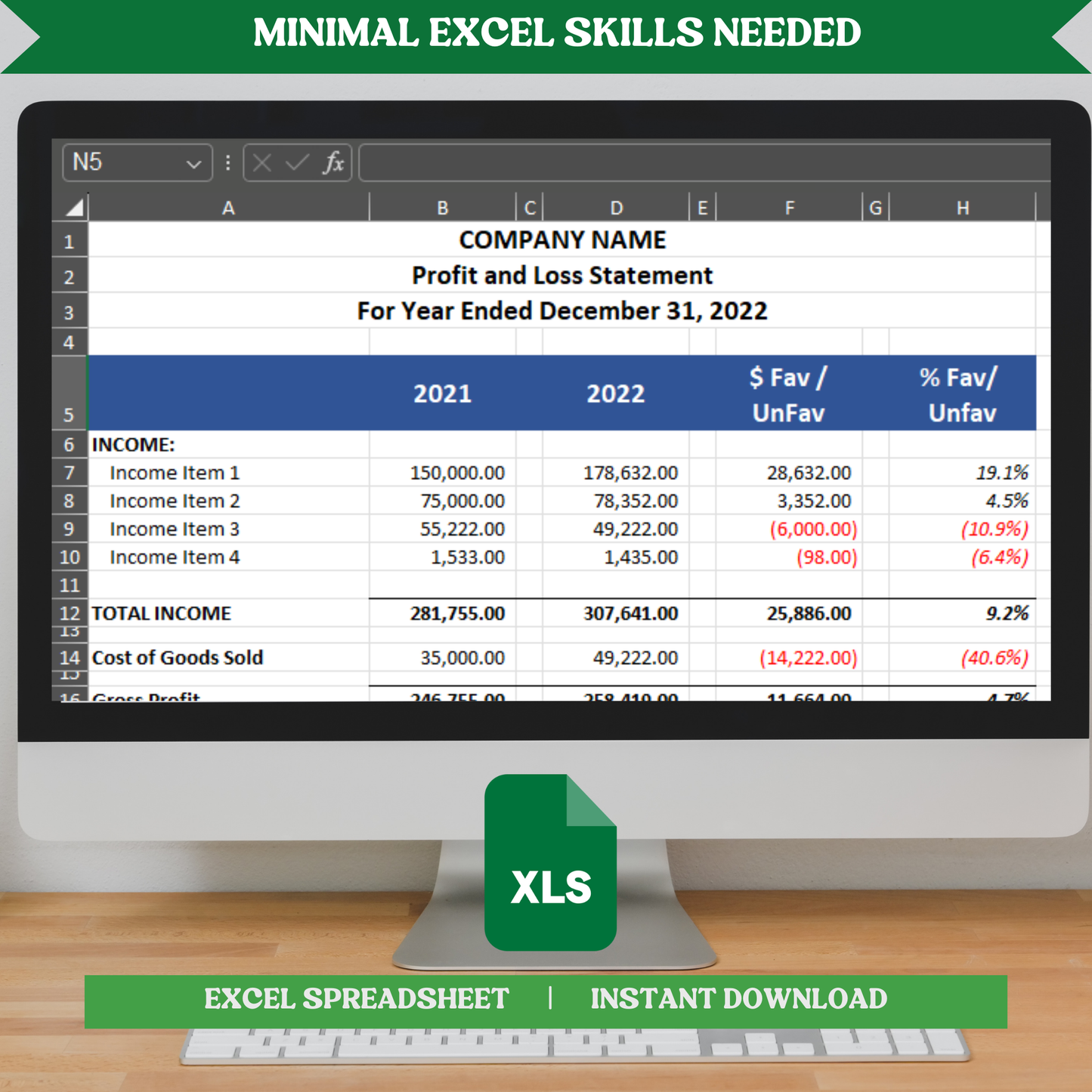 Profit & Loss Statement with Prior Year (Excel)