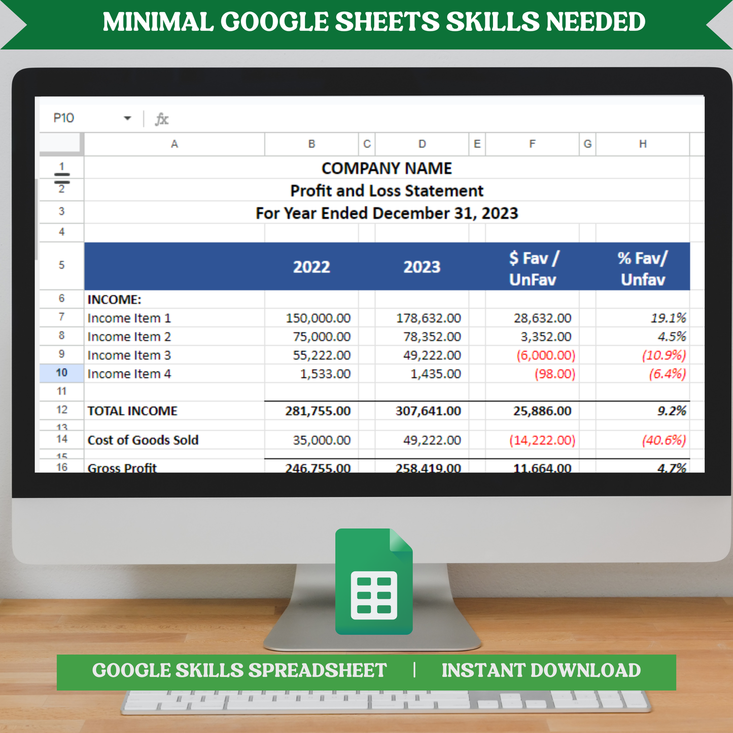Profit & Loss Statement with Prior Year (Google Sheets)