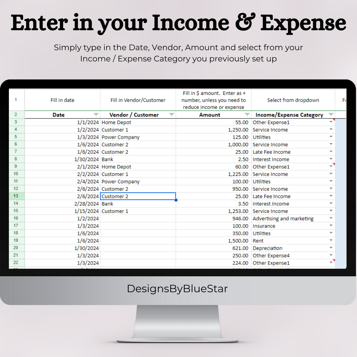 Profit and Loss Statement Spreadsheet with Transactional Data (Google Sheets)