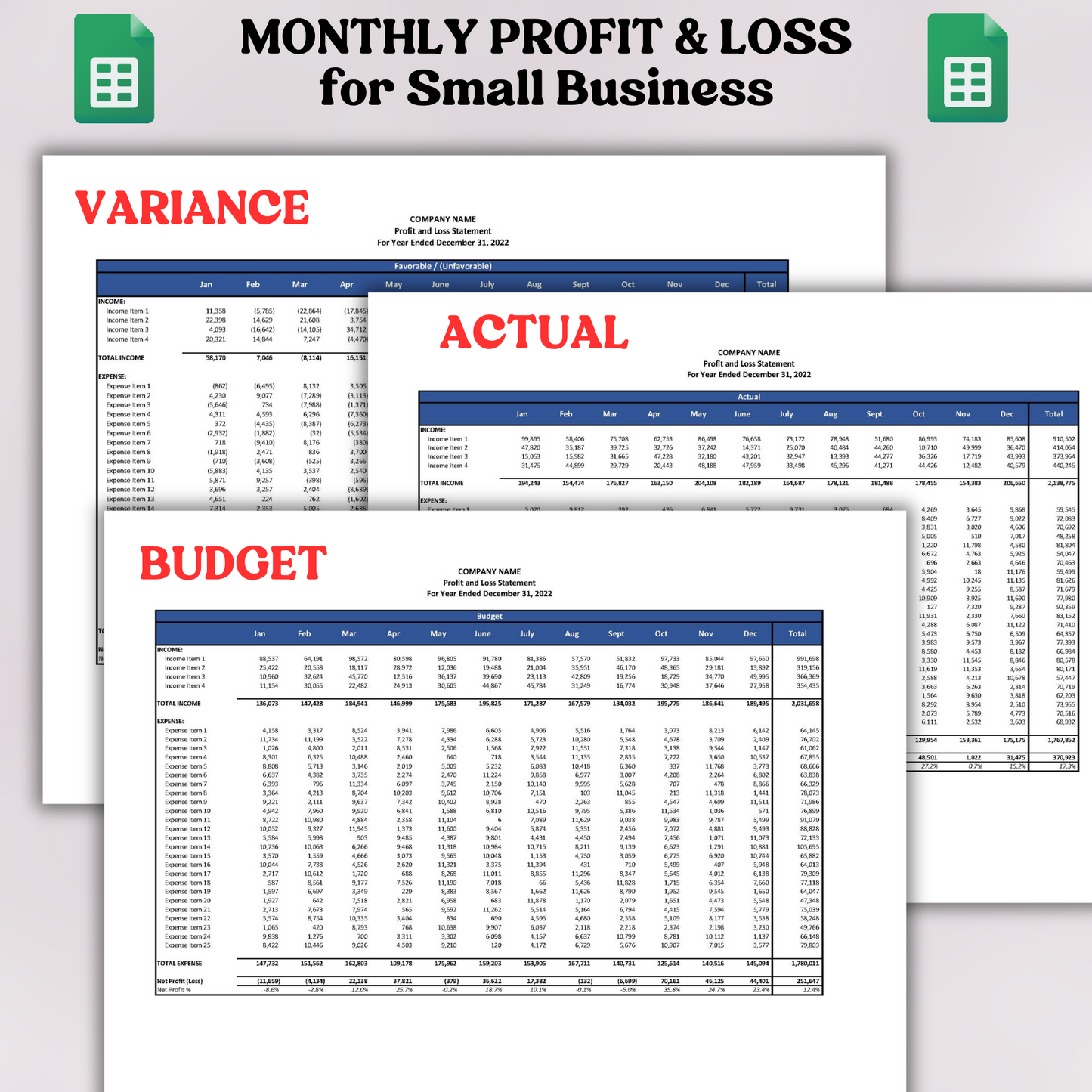 Monthly Profit & Loss with Actual, Budget & Variance (Google Sheets)
