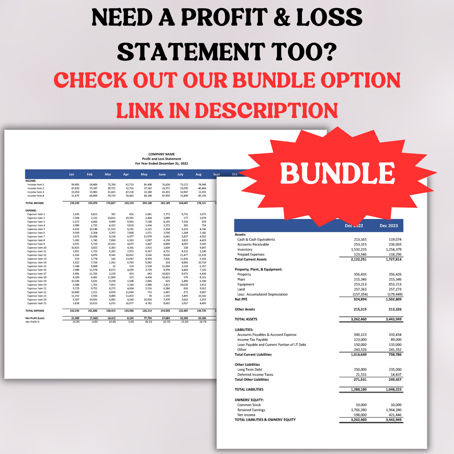 Balance Sheet with Prior Year (Excel)
