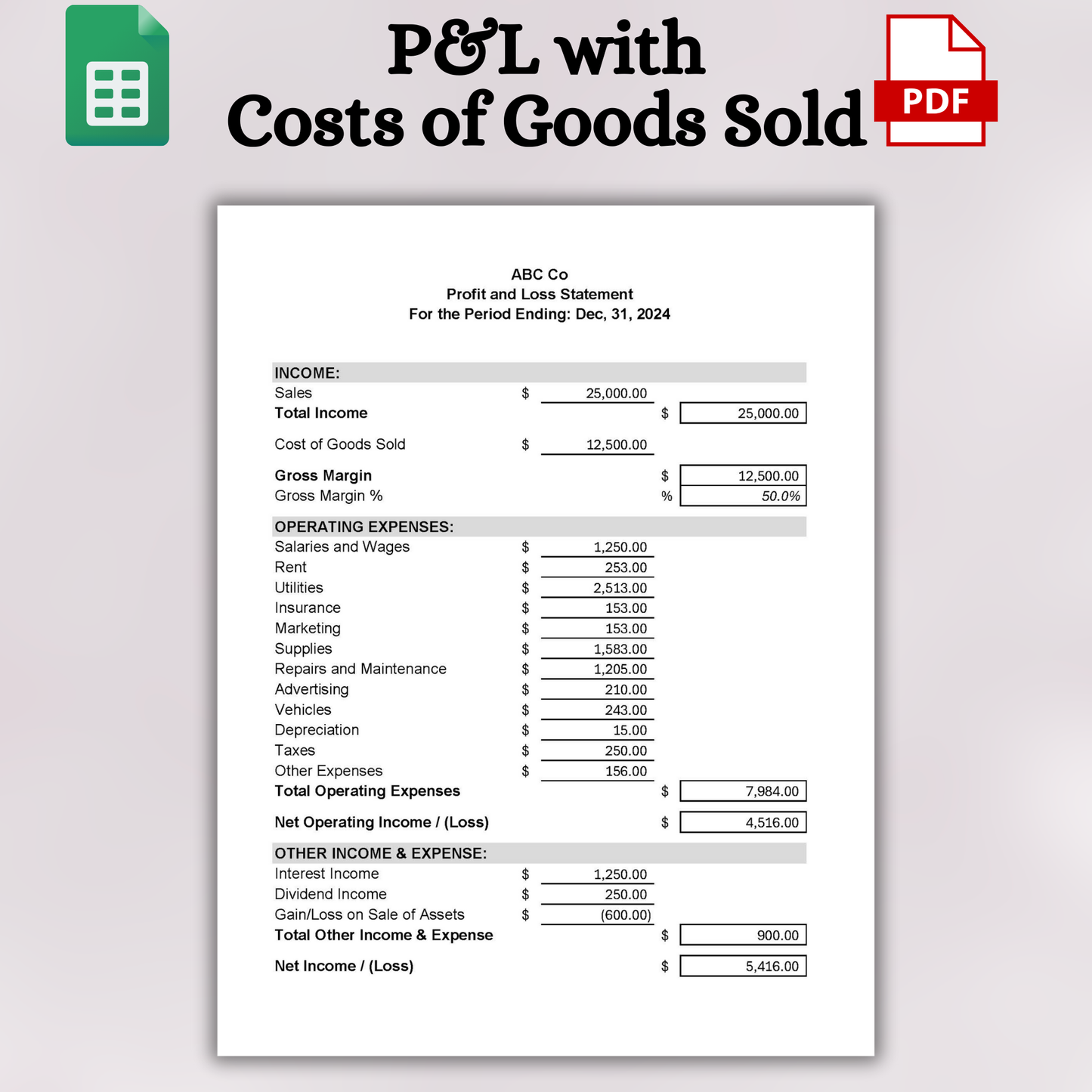 Printable Profit & Loss Form (Google Sheets)