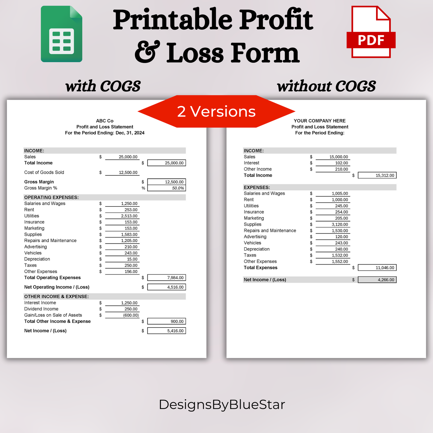 Printable Profit & Loss Form (Google Sheets)