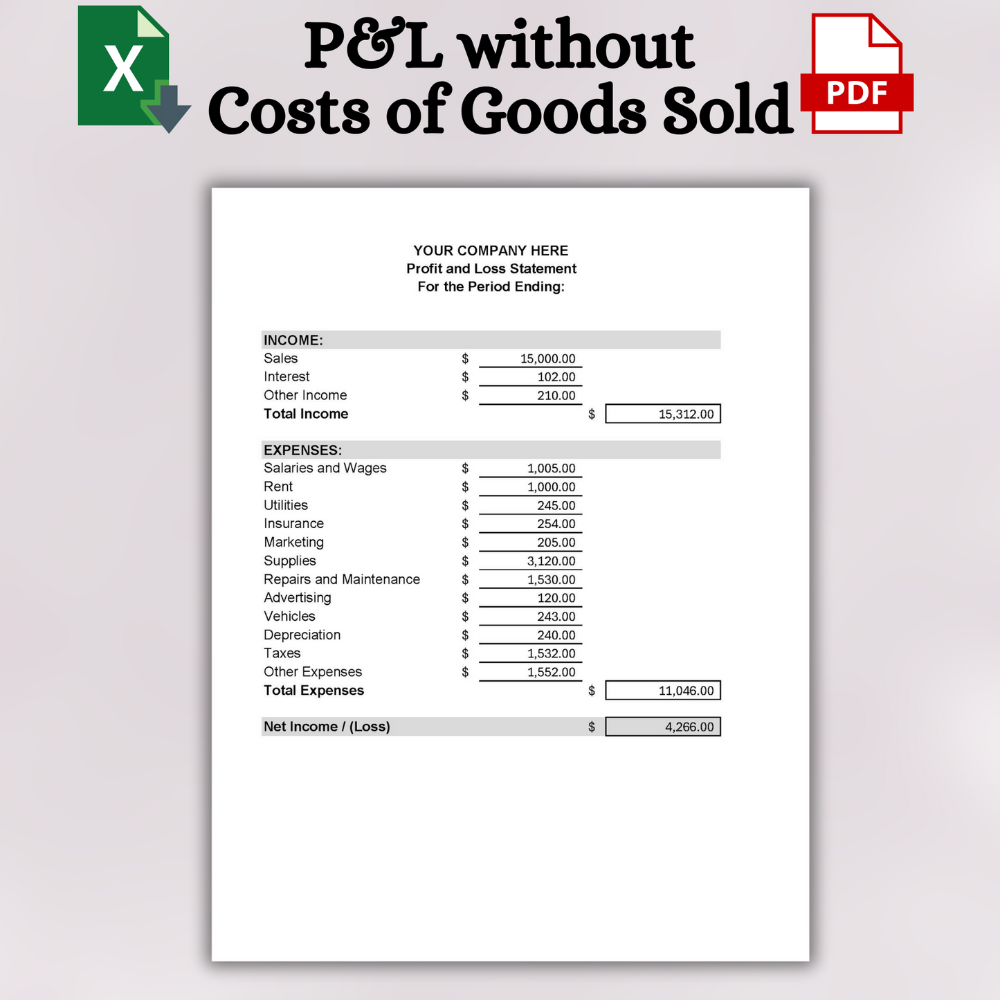 Printable Profit and Loss Form (Excel)