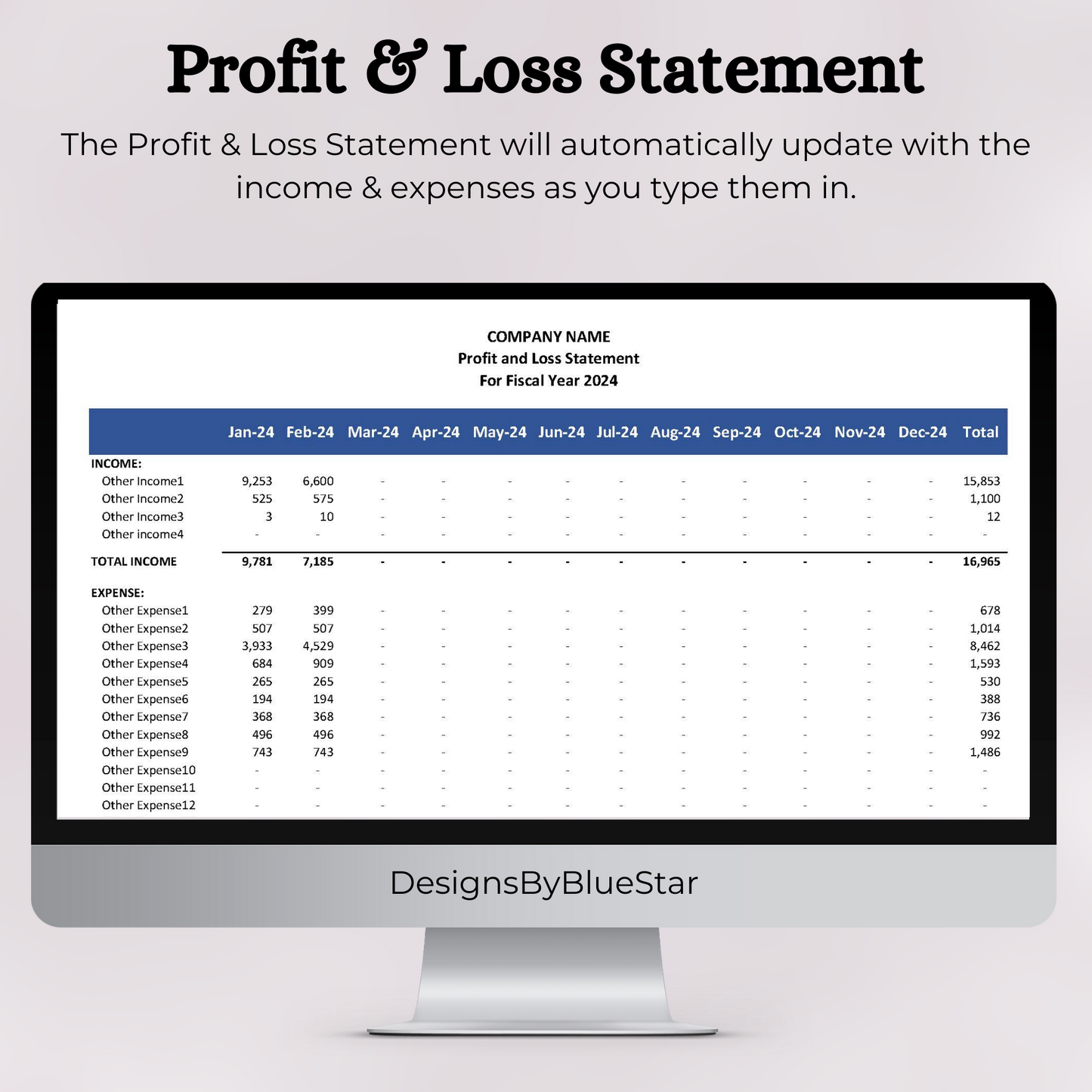 Monthly Profit and Loss Statement with Transactional Data (Excel)