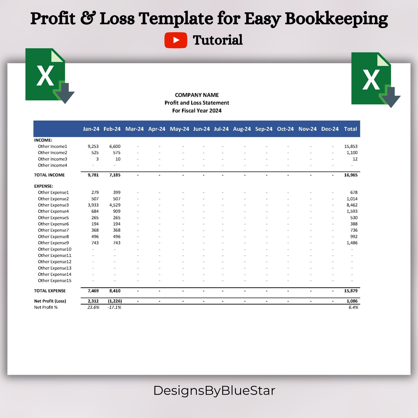 Monthly Profit and Loss Statement with Transactional Data (Excel)
