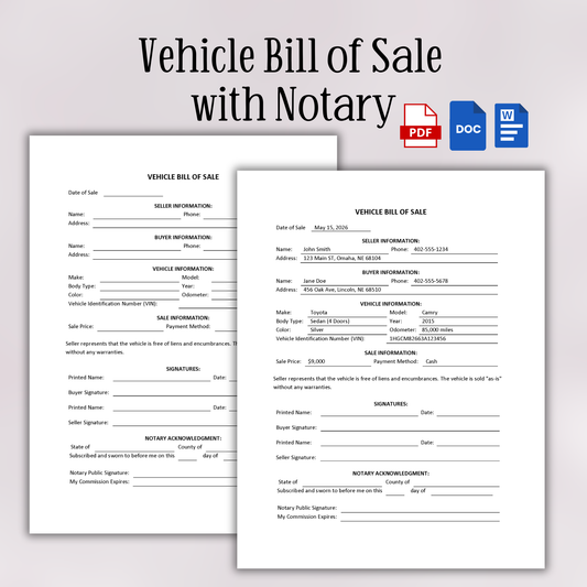Motor Vehicle Bill of Sale with Notary