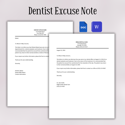 Editable Dentist Excuse Note for School | Orthodontic Medical Excuse Note Template