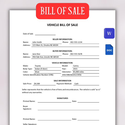 Motor Vehicle Bill of Sale