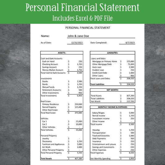 Personal Financial Statement Excel Template