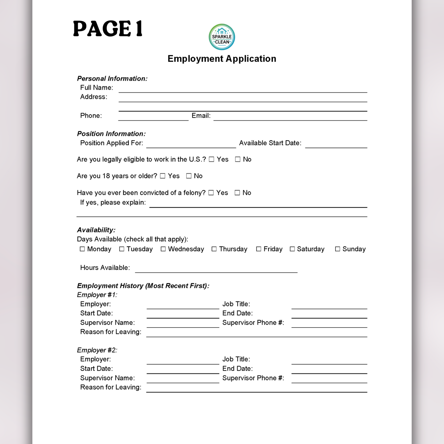 Cleaning Service Employment Application