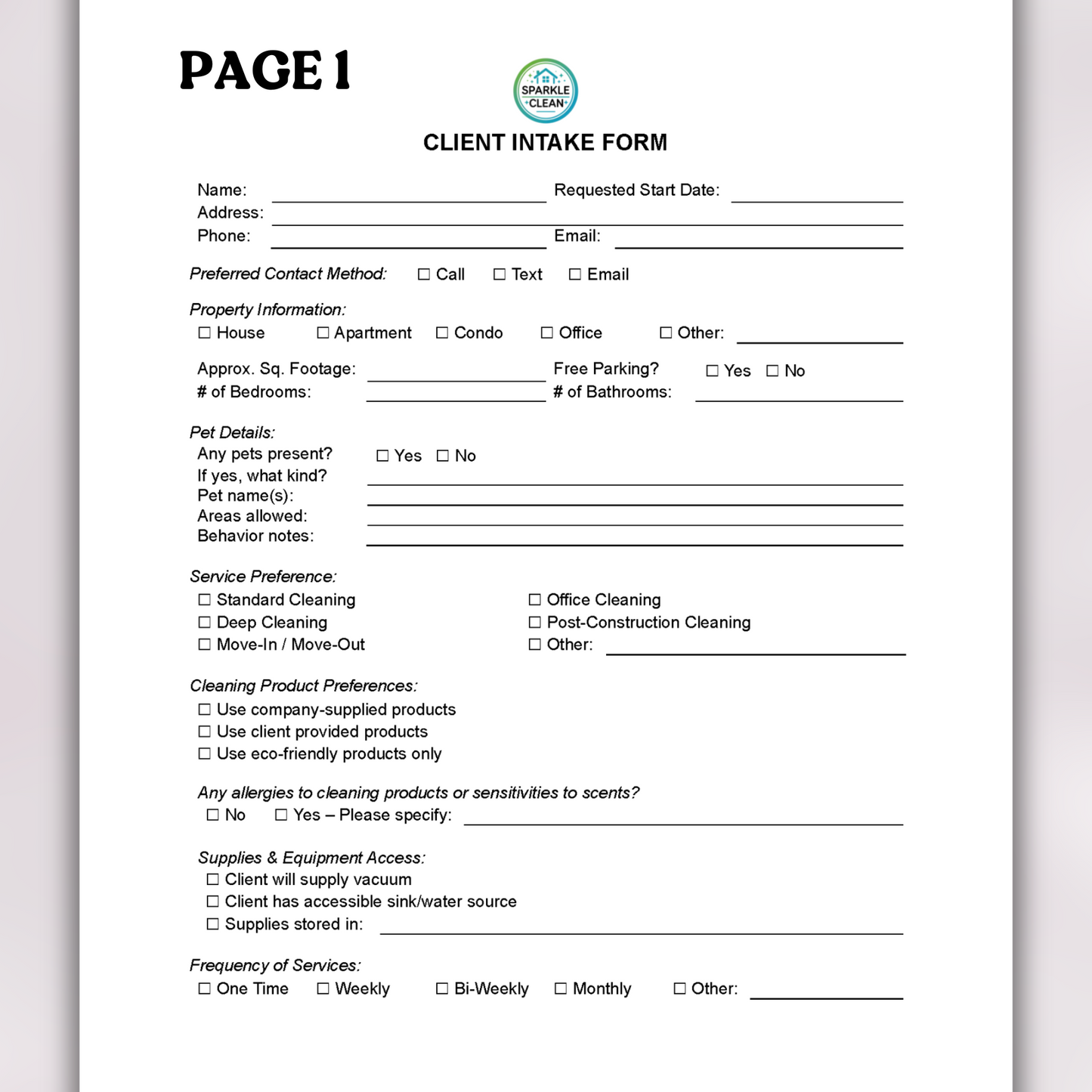 Cleaning Service Client Intake Form
