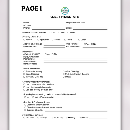 Cleaning Service Client Intake Form
