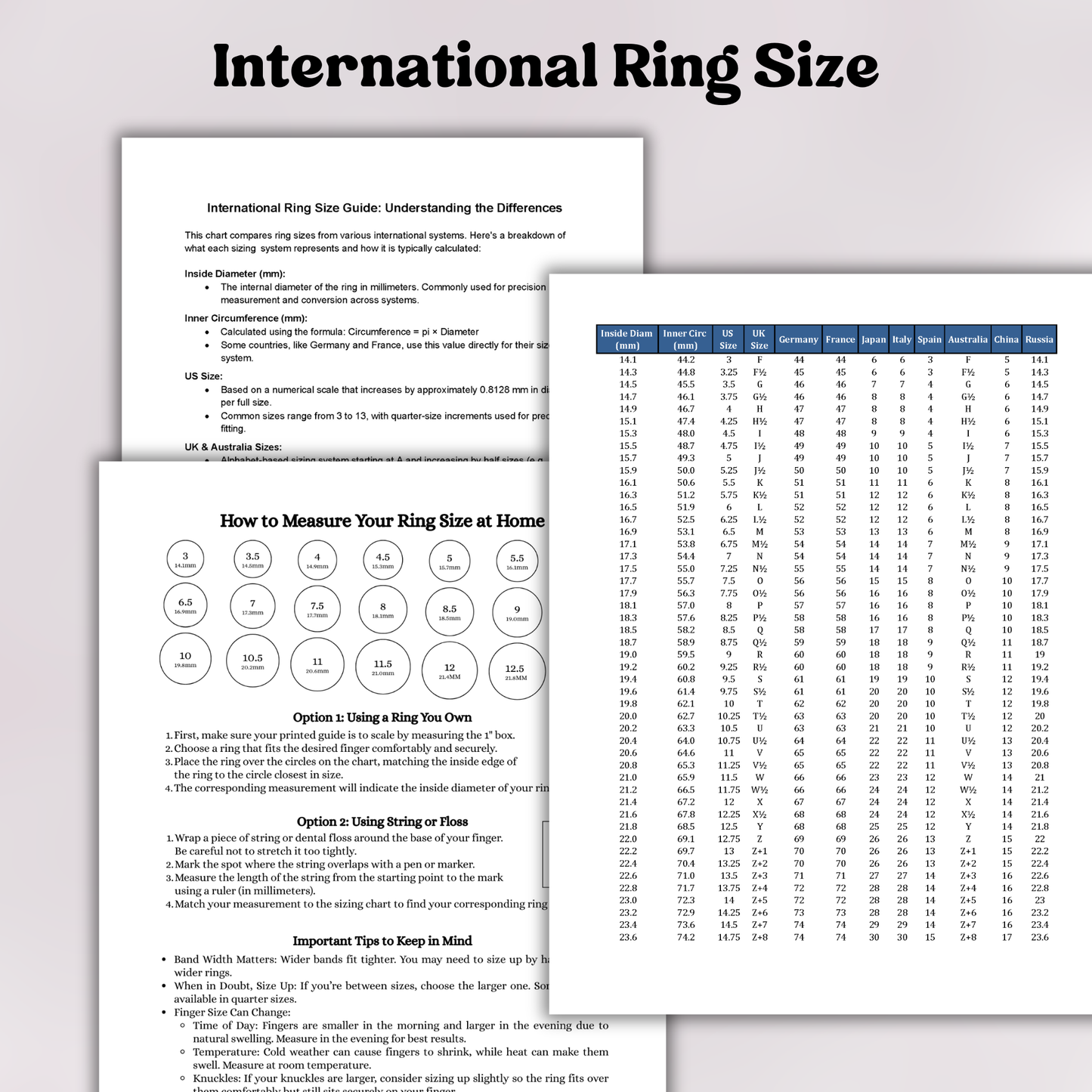 Printable Ring Size Conversion Chart | International Ring Size Guide