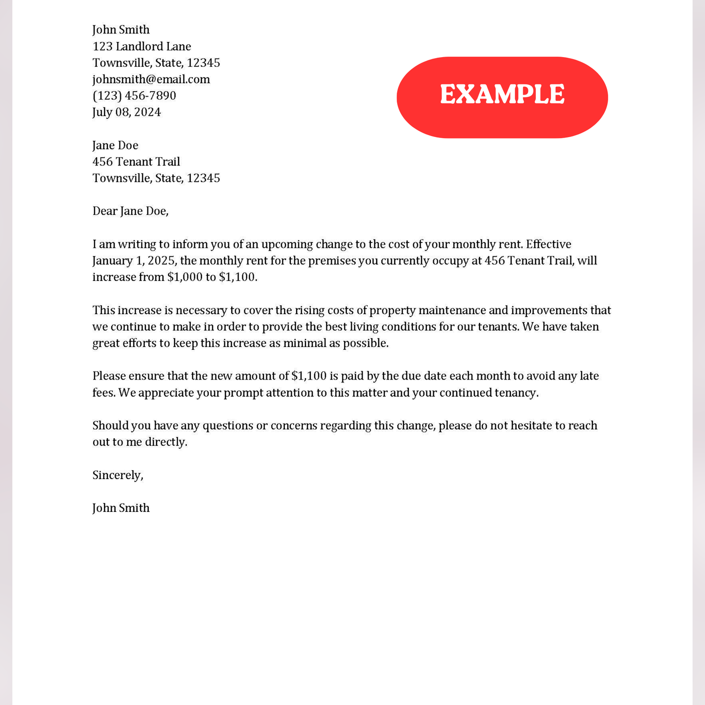 Rent Increase Letter (Word and Google Docs)