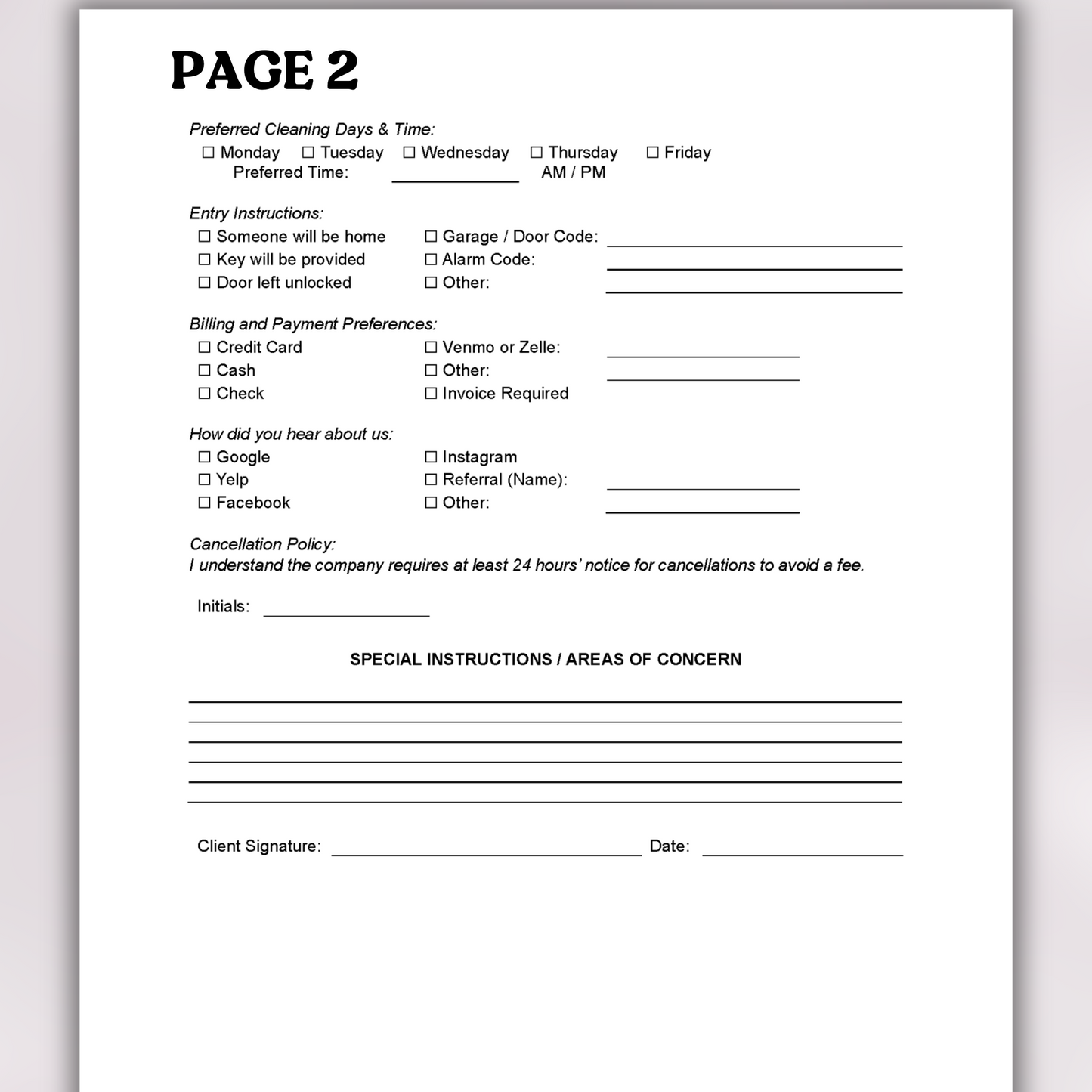 Cleaning Service Client Intake Form