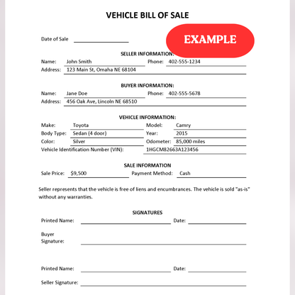 Motor Vehicle Bill of Sale
