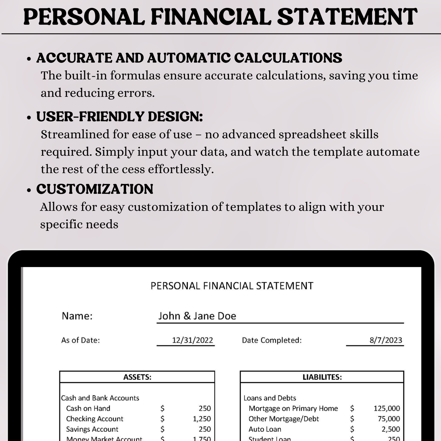 Personal Financial Statement Template | Net Worth & Budget Tracker (Excel)