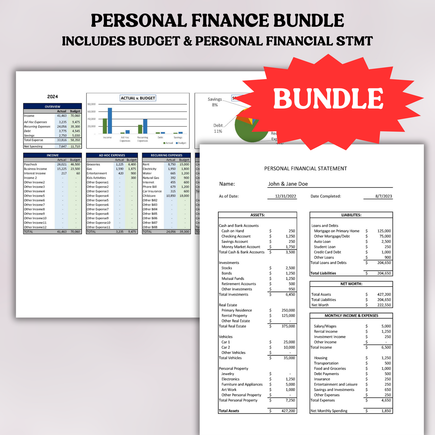 BUNDLE Personal Financial Statement with Budget Template (Excel)