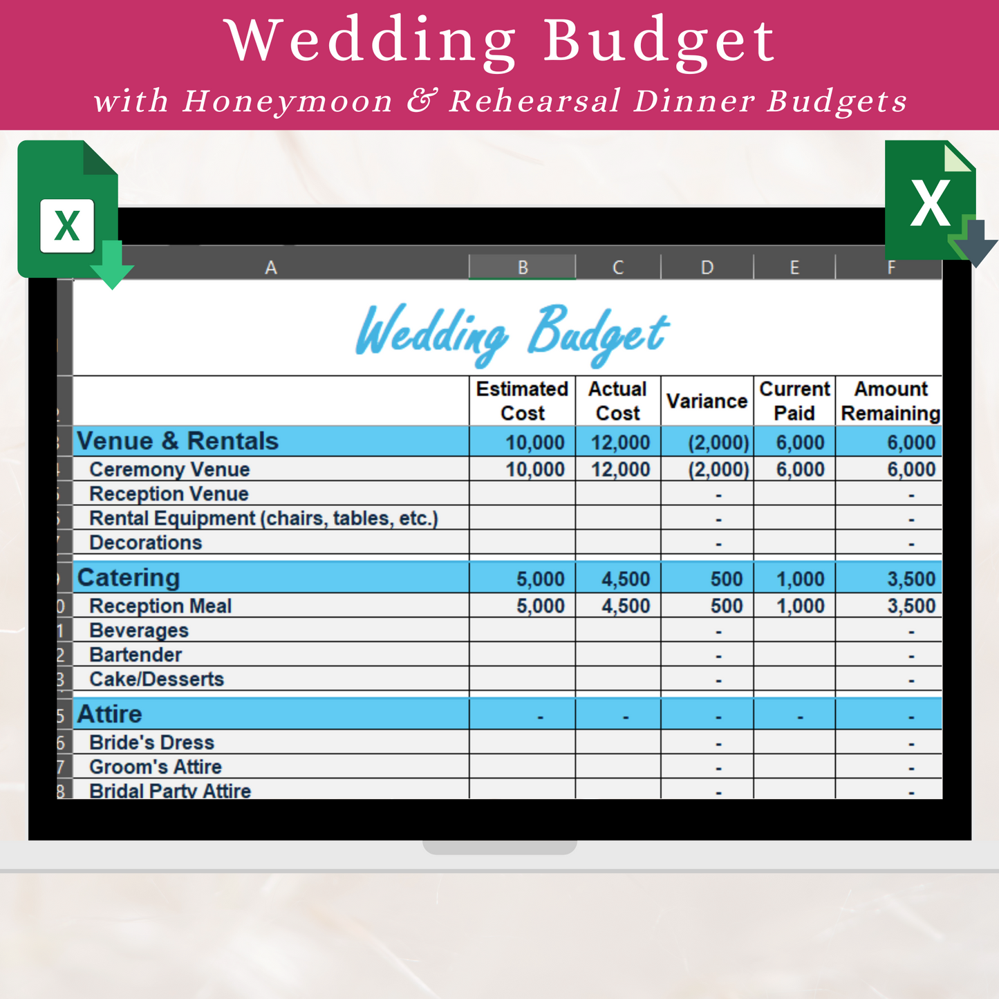 Wedding Budget | Honeymoon Budget | Rehearsal Dinner Budget (Excel)