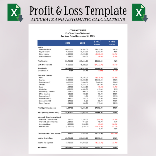 Profit & Loss Statement with Prior Year with Cost of Goods Sold (Excel)