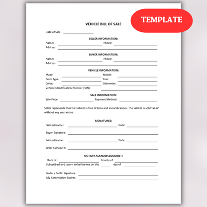 Motor Vehicle Bill of Sale with Notary